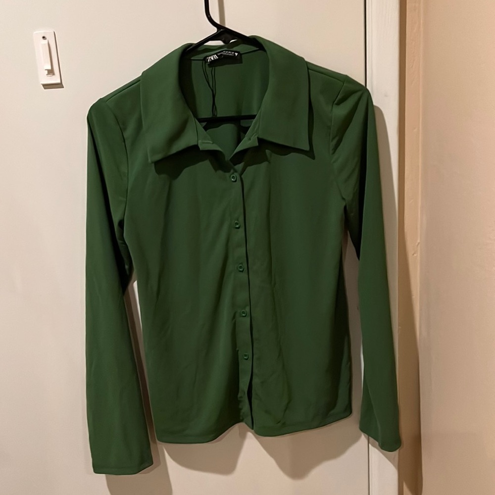 Zara green long sleeved button up blouse